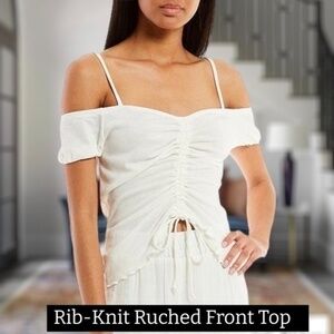 I.N. SAN FRANCISCO Cold-Shoulder Ruched-Front Rib-Knit Top